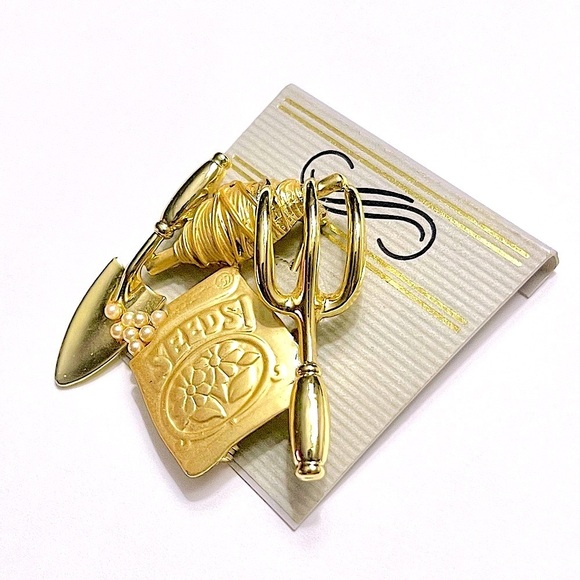 ASHLEY COOPER Vintage Gardening Tools and Dainty Pearl Seed Bead Brooch Signed - Picture 7 of 9